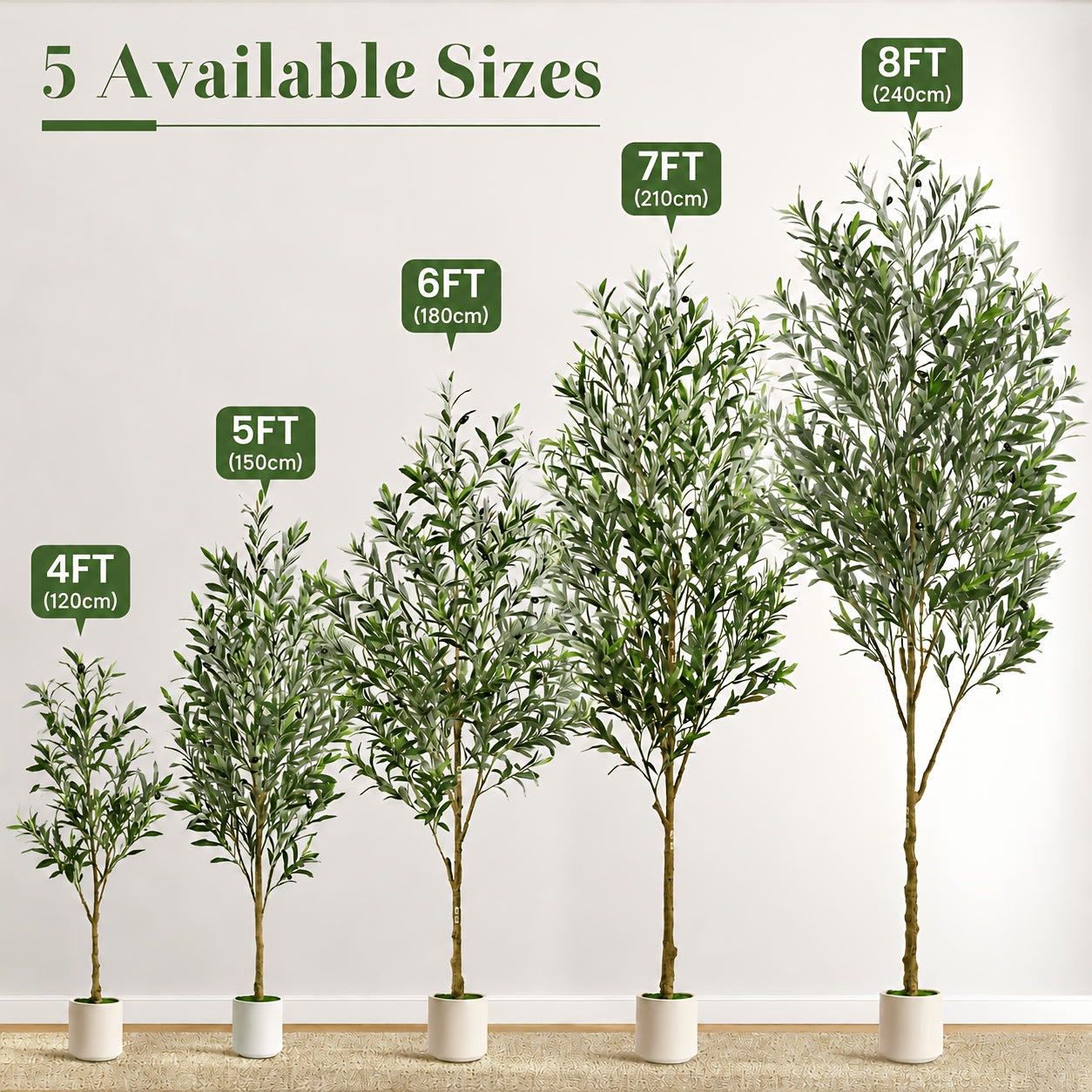 180Cm Artificial Olive Trees, Faux Silk Plant with Lively Artificial Trunk And Lifelike Fruits, Indoor Fake Potted Tree with White Planter for Modern Home Office Living Room Decor, 120/150/180/210/240Cm