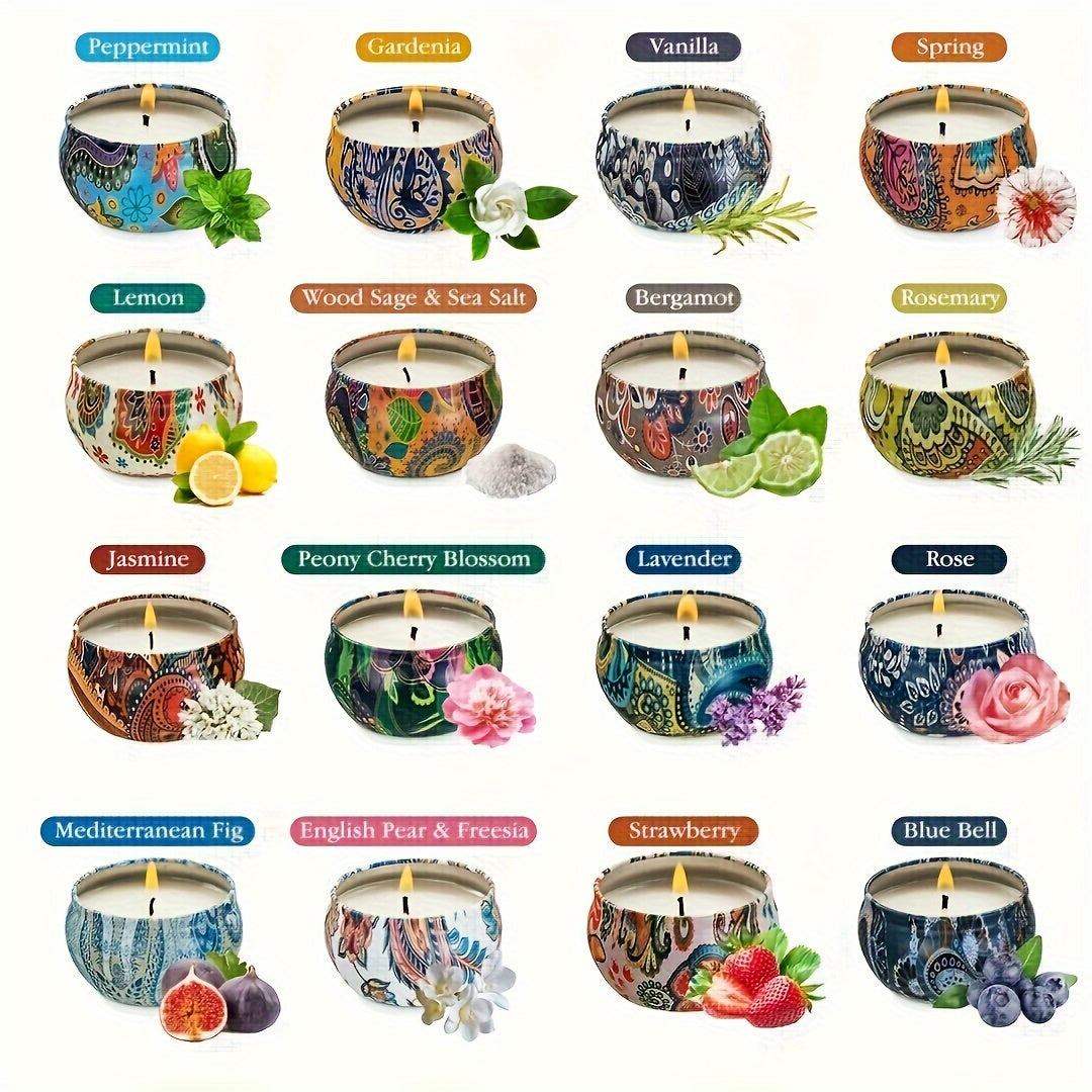 16 Packs Of 2.5-ounce Ham-style Tin Scented Candles, Soy Wax Scented Candle Gift Set, Suitable for Families, Meditation, Yoga, Anniversaries, Halloween Gifts, Christmas Gifts, Weddings, Churches, Seasonal Celebrations And Emergencies.