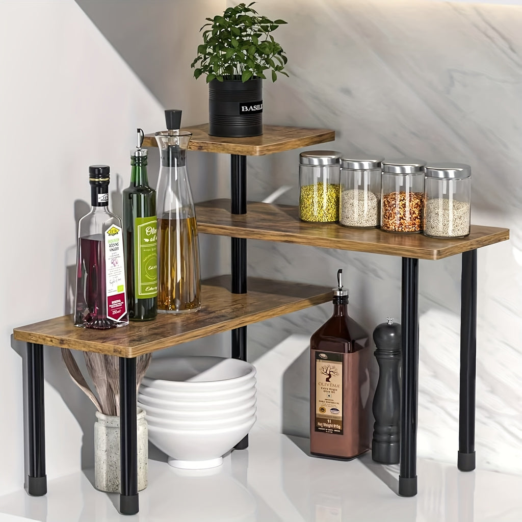 3-Tier Adjustable Corner Shelf - Heavy-Duty Wood -Shaped Cabinet Shelf with Space-Saving Shelves, Assembly for over Sink, Dresser, Kitchen & Bathroom - Rustic Brown Countertop Organizer (Assembly Required) Suitable for Kitchen, Bathroom, Coffee