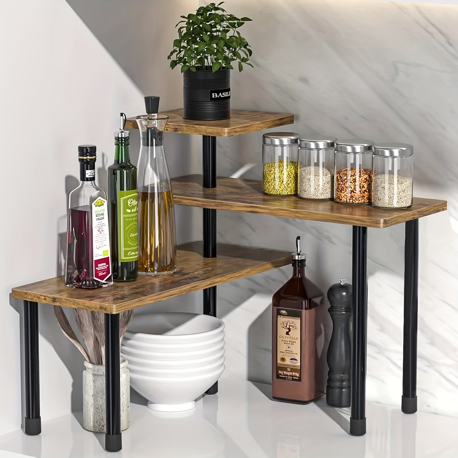 3-Tier Adjustable Corner Shelf - Heavy-Duty Wood -Shaped Cabinet Shelf with Space-Saving Shelves, Assembly for over Sink, Dresser, Kitchen & Bathroom - Rustic Brown Countertop Organizer (Assembly Required) Suitable for Kitchen, Bathroom, Coffee