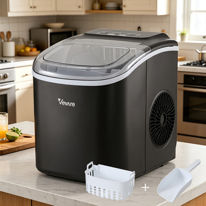 Vevare Portable Ice Maker Machine - 12kg/26 lbs Daily Output, 1.3L Water Tank & 9 Cubes/Hour, Compact Countertop Ice Maker with Self-Cleaning, Bullet Ice Cubes for, Parties, Freezer-Like Cooling (Black) - Plug & Play, No Assembly