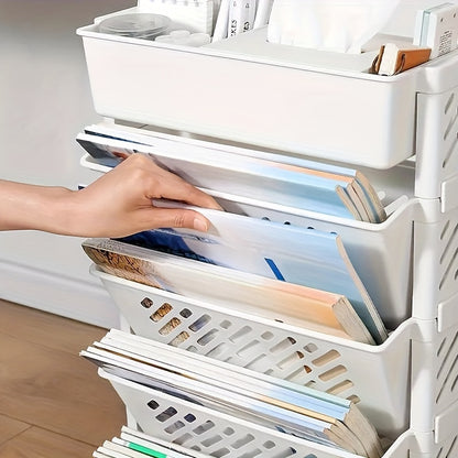 5-Tier Rolling Combined Bookshelf with Quiet Wheels, Ideal for Desk-side Or Corner Use. Compact Design Stores Books And Supplies Efficiently. Easy to Move And Fits In Tight Spaces.Trolley Design