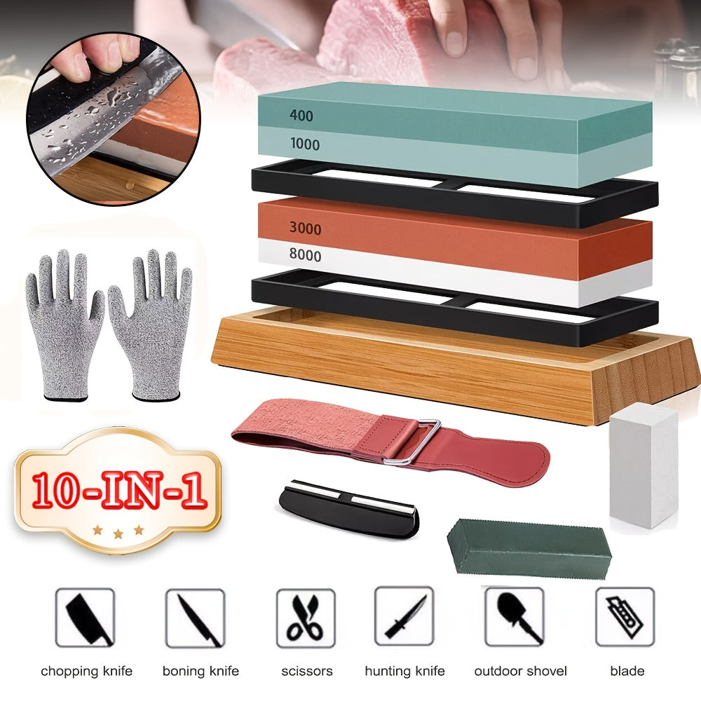 1 Set Whetstone Set, 4-side Grit, 400/1000/3000/8000, Professional Includes Non-slip Bamboo Base, Leather Cord, Flattening Stone And Angle Guide