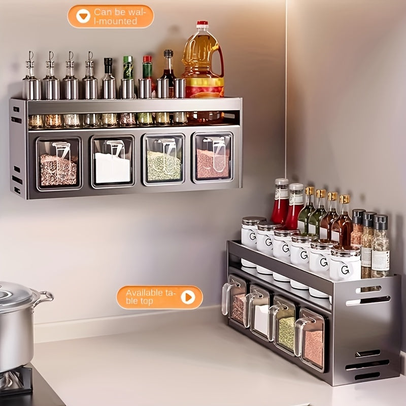 Wall-Mounted Spice Organizer Set - Durable Aluminum, No-Drill Installation, Includes Seasoning Containers & Canisters for Kitchen And Dining, Sleek Modern Design with Metallic Handles, Spice Jars|Sleek Metallic Finish|Perfect for Kitchen & Household