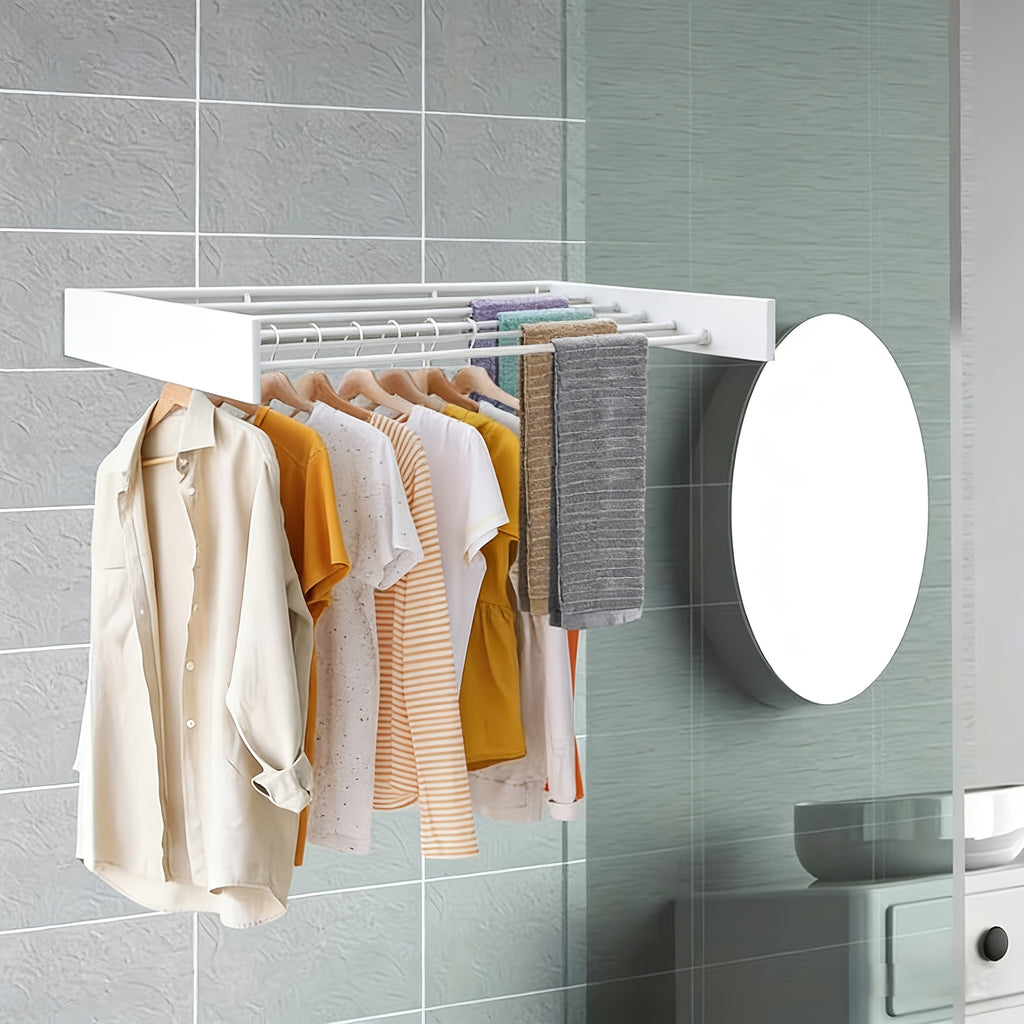 1-Pack Heavy Duty Folding Hidden Wall-Mounted Clothes and Towel Drying Rack | 5 Alloy Rods, Space Saving Storage Rack, Foldable for Bathroom/Kitchen/Laundry, Easy Steel Design, Suitable for Bedroom, Balcony, Living Room, Bathroom, Drying Racks