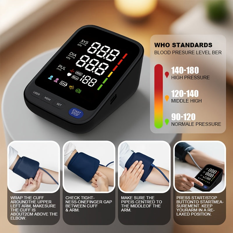 Puxzo Premium New Automatic Blood Pressure Monitor: Heart Rate Monitoring + Oversized Cuff, 120-Reading Memory, LED Large Screen with Tri-Colour Backlight Alerts, Dual-Power Portable Design. Blood Pressure And Heart Rate Monitor, Includes 4 Batteries