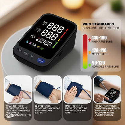 Puxzo Premium New Automatic Blood Pressure Monitor: Heart Rate Monitoring + Oversized Cuff, 120-Reading Memory, LED Large Screen with Tri-Colour Backlight Alerts, Dual-Power Portable Design. Blood Pressure And Heart Rate Monitor, Includes 4 Batteries