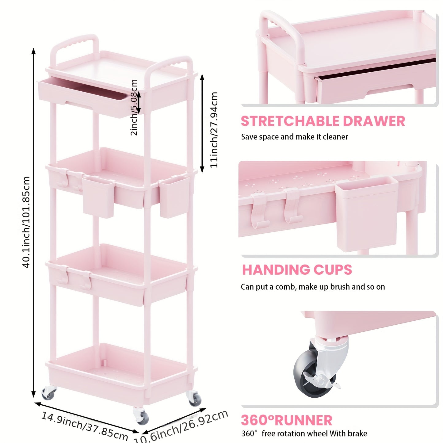 3 Tier/4 TierMultifunctional Rolling Cart With Drawer, Durable Plastic Rolling Cart- With Drawers And Lockable Wheels, Includes Practical Accessories Like Cup Holders And Hooks - Easy Assembly Storage Cart, For Kitchen, Bathroom, Living Room