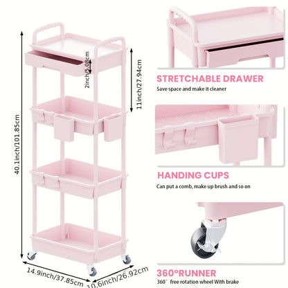 3 Tier/4 TierMultifunctional Rolling Cart With Drawer, Durable Plastic Rolling Cart- With Drawers And Lockable Wheels, Includes Practical Accessories Like Cup Holders And Hooks - Easy Assembly Storage Cart, For Kitchen, Bathroom, Living Room