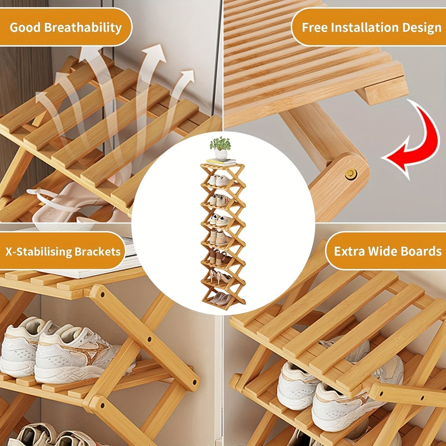 Folding Bamboo Shoe Rack, Multi-Layer Narrow Space Saving Storage Organizer For Various Room Types, No-Installation Required, 1 Shelf - Extendable Shoe Shelf For Small Spaces