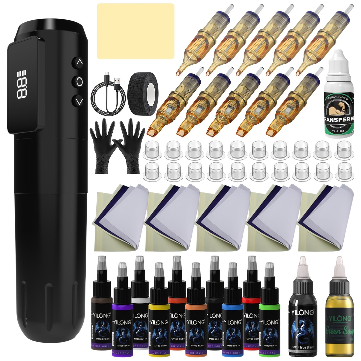 YILONG Wireless Tattoo Machine Kit Complete, Rotary Tattoo Gun, 7 Hour Battery Life, Cordless Tattoo Pen, 10 Cartridge Needles, 10 Ink, Extra Black Ink,, Transfer Gel, 1 Green Algae,, Full Tattoo Supply Equipment for Beginners, Body Art Makeup Gift