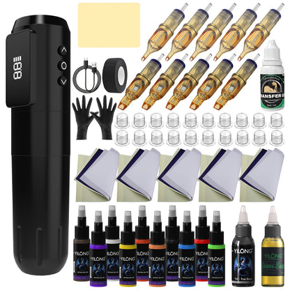 YILONG Wireless Tattoo Machine Kit Complete, Rotary Tattoo Gun, 7 Hour Battery Life, Cordless Tattoo Pen, 10 Cartridge Needles, 10 Ink, Extra Black Ink,, Transfer Gel, 1 Green Algae,, Full Tattoo Supply Equipment for Beginners, Body Art Makeup Gift