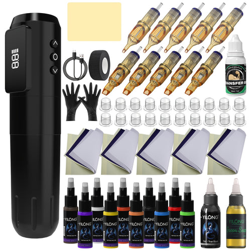YILONG Wireless Tattoo Machine Kit Complete, Rotary Tattoo Gun, 7 Hour Battery Life, Cordless Tattoo Pen, 10 Cartridge Needles, 10 Ink, Extra Black Ink,, Transfer Gel, 1 Green Algae,, Full Tattoo Supply Equipment for Beginners, Body Art Makeup Gift