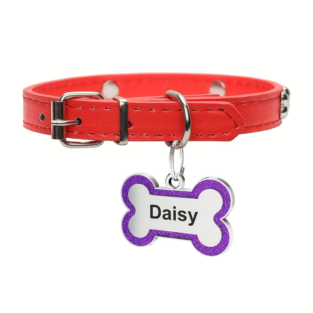 Custom Glitter Bone-shaped Pet ID Tag 1pc Round Metal Design + Engraved Text Suitable For Holiday Parties Pet Birthdays Daily Wear Back To School & School Gift