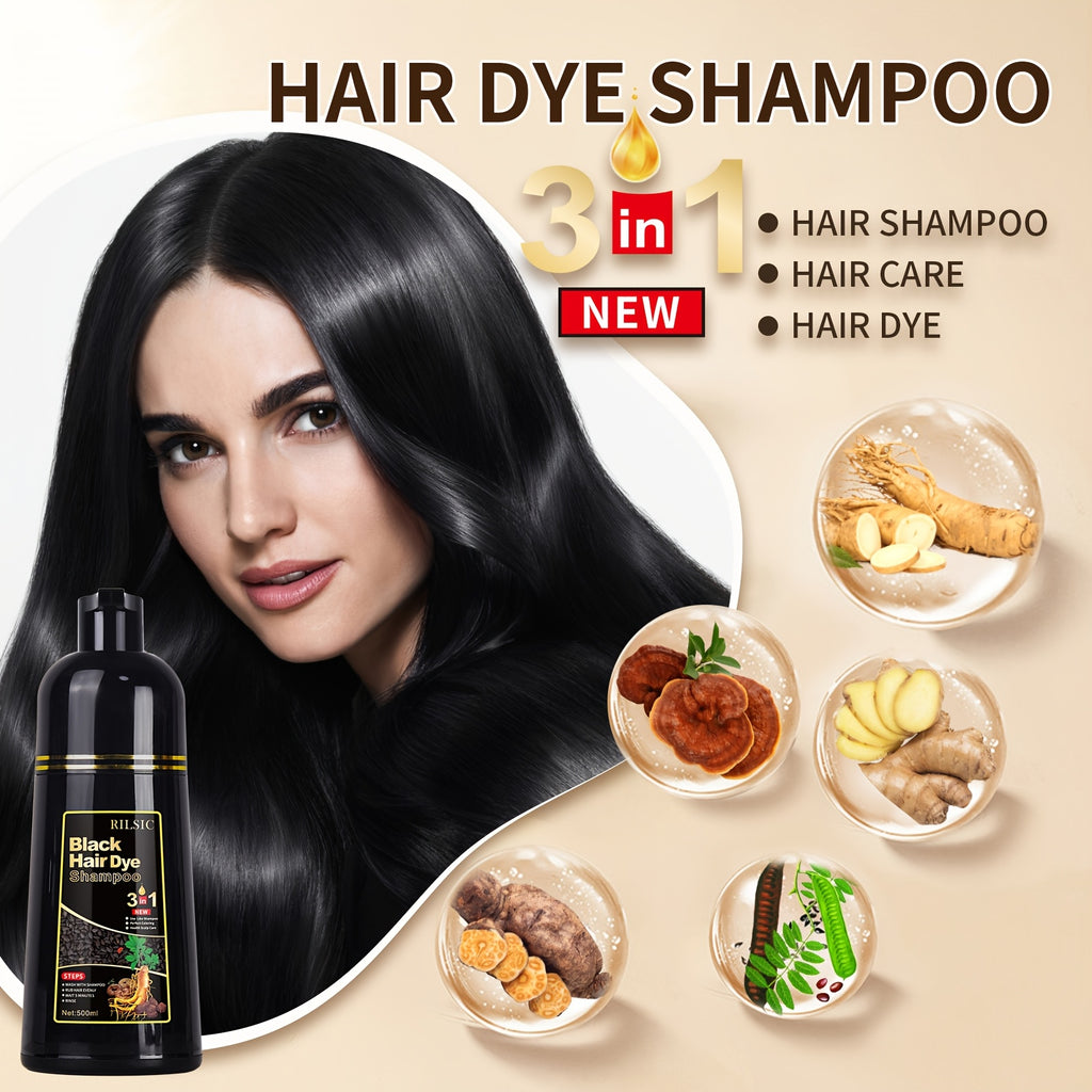 RILSIC 1pc Black Hair Dye Shampoo 3 IN 1, 100% Grey Hair Coverage, Natural Herbal Ingredients Hair Dye Coloring in Minutes, Long Lasting-Safe And Easy to Use, Gifts for Women And Men 500Ml