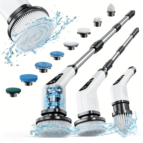 Electric Spin Scrubber, Household Wireless Cleaning Brush, Two-Speed Cleaning Speed, Equipped with 8 Replaceable Brush Heads And Adjustable Extended Handle, Can 360-Degree Wireless Cleaning Bathroom, Bathtub, Shower Room, Glass Car, Tile And Floor