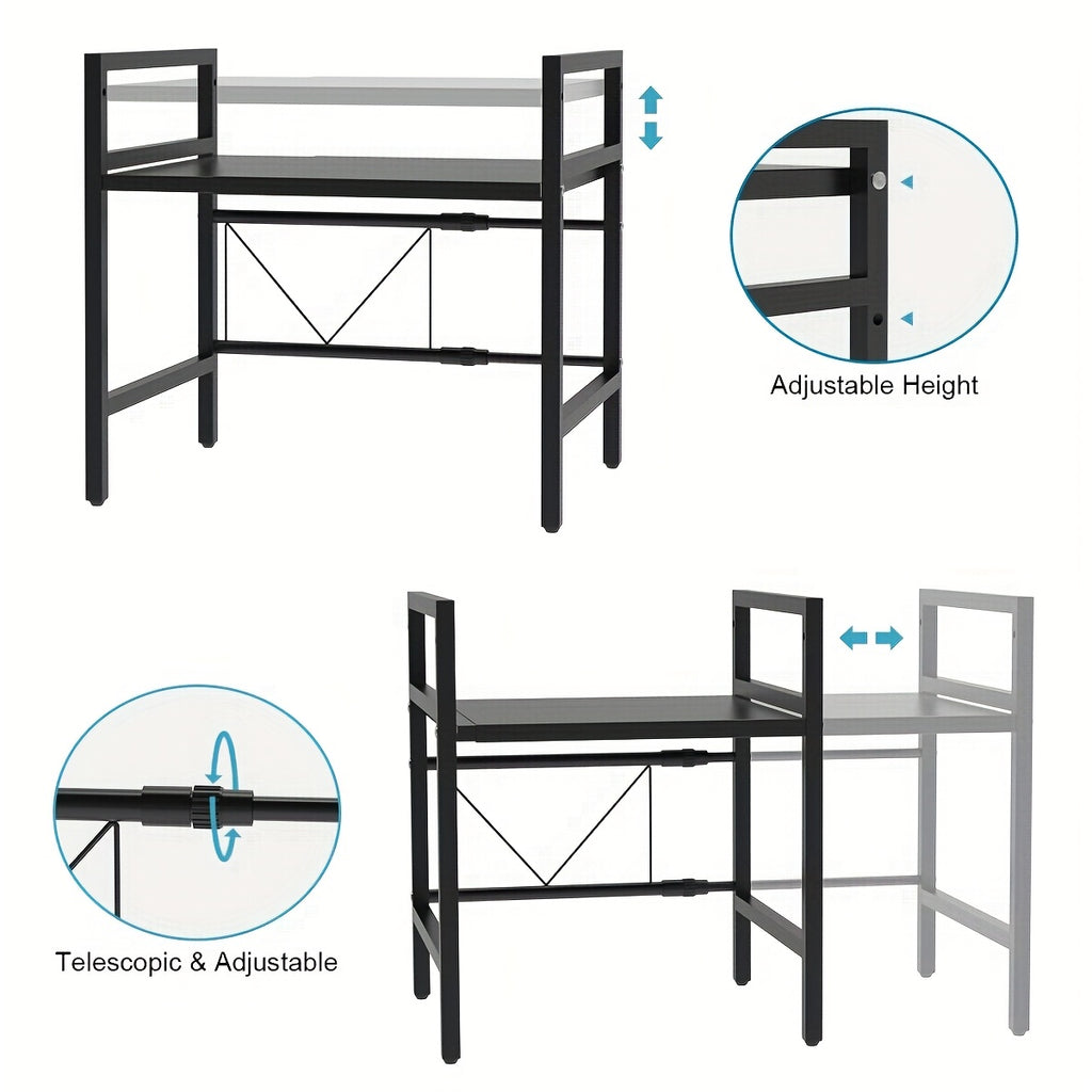 Heavy-Duty Adjustable 2-Tier Kitchen Rack - Space-Saving Carbon Steel Countertop Organizer for Microwave, Oven, Utensils & Cookware, Sturdy Black Shelf with Hooks & Spice Containers for Small Kitchens, Kitchen Storage Solution | Twotier Shelf | Durable Ki