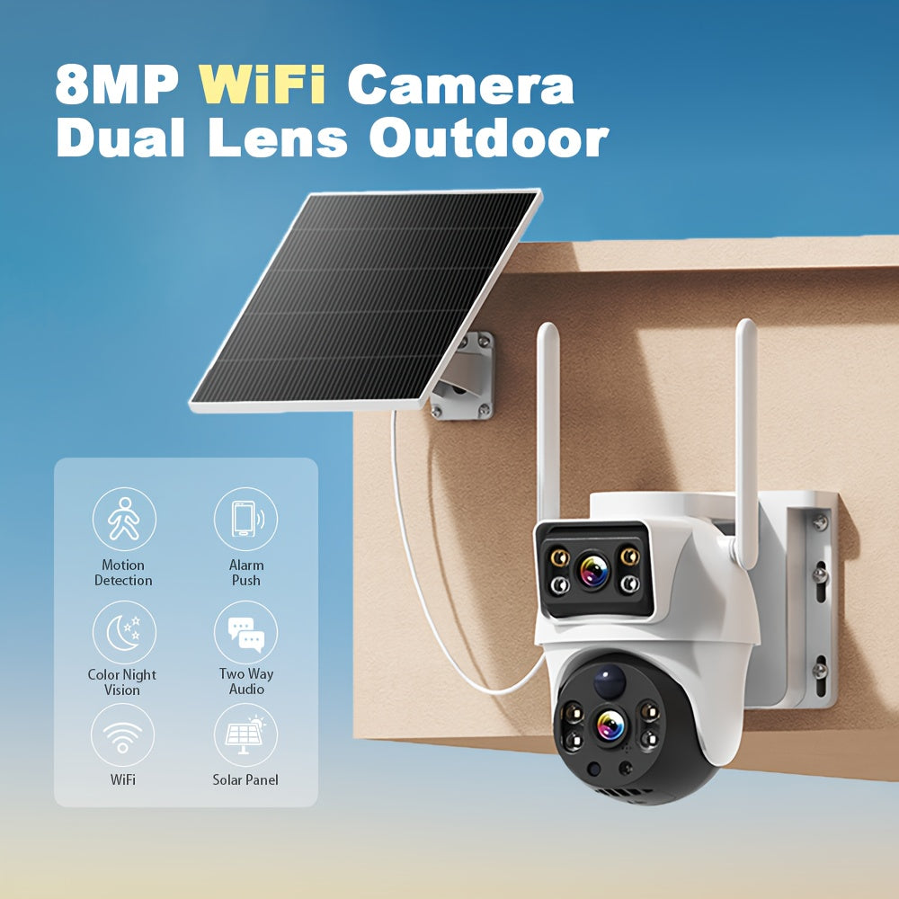 8MP Dual Vision Solar WiFi Security Camera, PIR Detection, 10x Digital Zoom, Two-Way Audio, Full Color Night Vision, Motion Tracking, Alarm Push