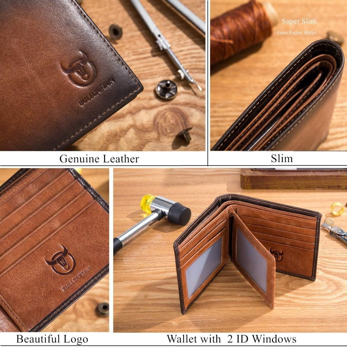RFID Wallets for Men Slim Bifold Genuine Leather Front Pocket Wallet with 2 ID Windows