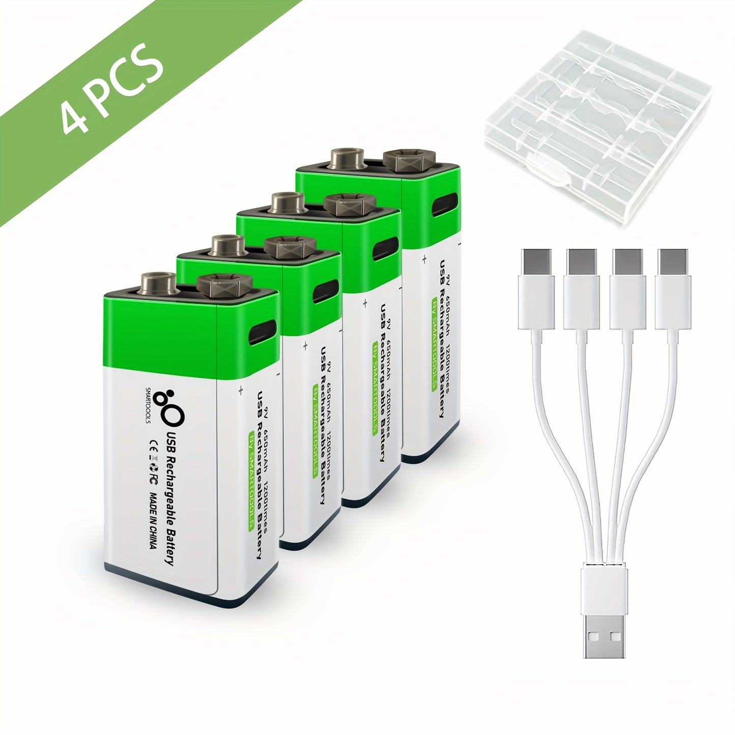 Set of Four 9V Rechargeable Lithium Batteries with Usb/Type-C Compatibility, Featuring a High Capacity of 650Mah And 5920Mwh. They Can Be Quickly Charged in 1.5 Hours And Support Up to 1200 Cycles. A Type-C Charging Cable Is Provided
