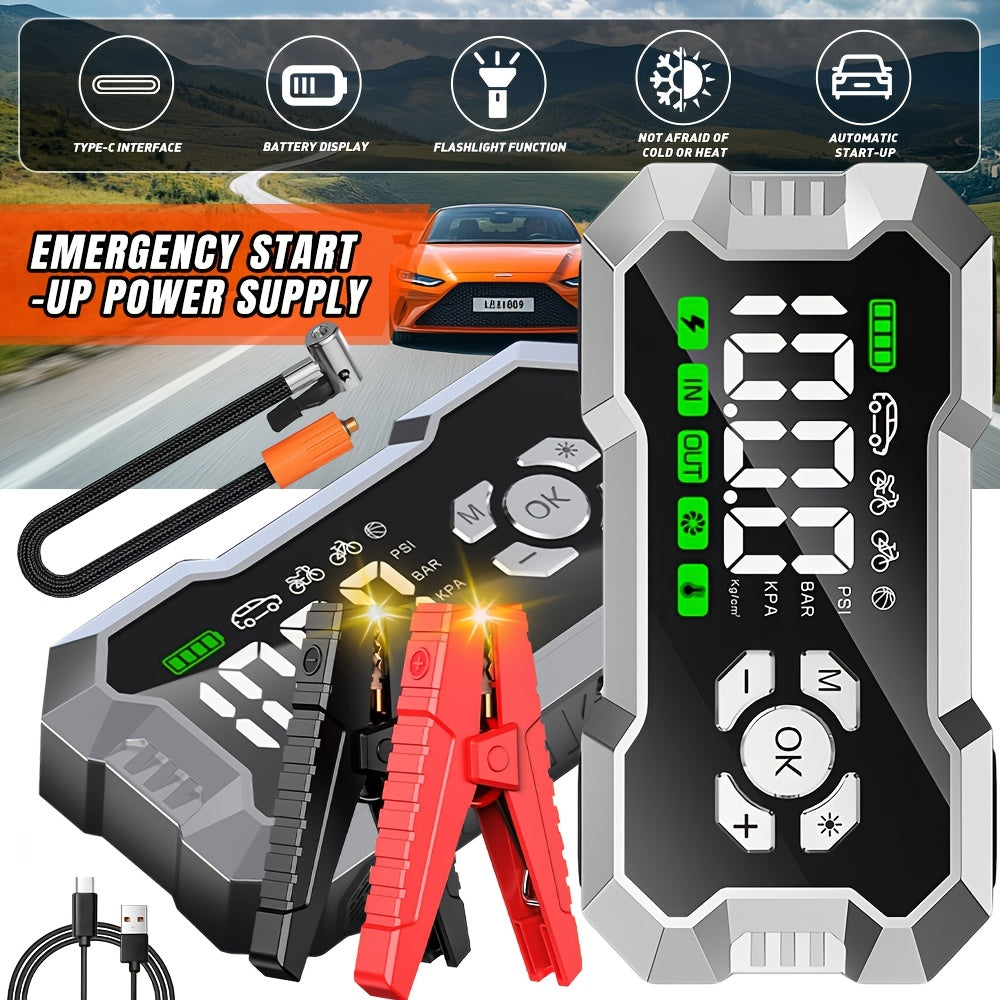 9000A Cordless Car Jump Starter With Air Compressor, LED Flashlight & Power Bank - Portable 12V Battery Booster For Gas & Diesel Vehicles (Up To 10.0L), Includes Smart Cables With Voltage Display, 10 Advanced Safety Protections, Heavy-Duty Design