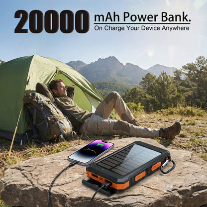 [Solar Power Bank] 20000mAh Portable Solar Power Bank, Portable Solar Mobile Phone Charger, Camping External Battery Charger for Mobile Phones, 2 USB/ LED Flashlights with Compass for Outdoor Activities