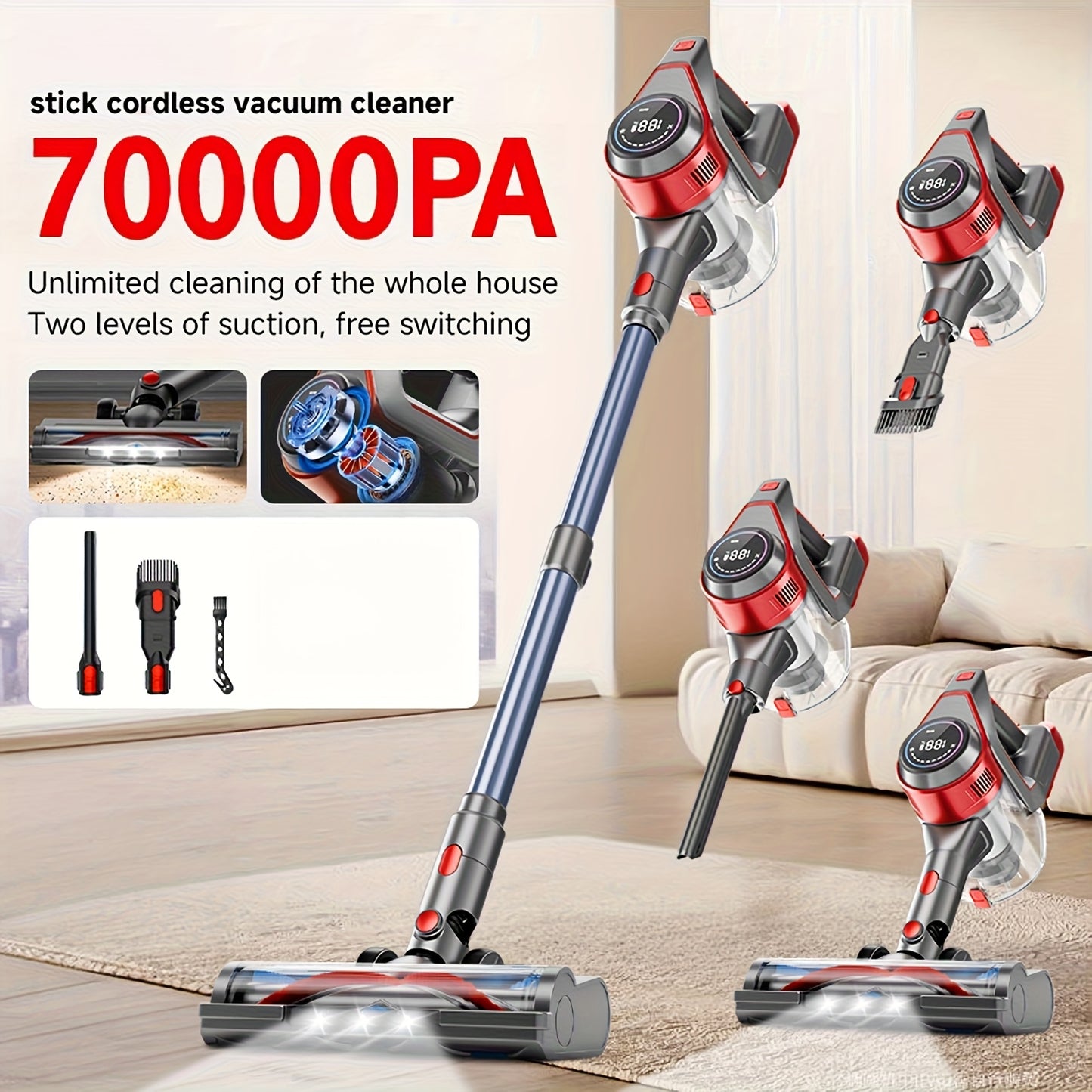 Cordless Lightweight Vacuum Cleaner 70 KPa | With Anti-tangle Brush, Multiple Suction Levels, Long Battery Life of Up To 45 Minutes, Suitable for Carpets, Pet Hair, Hardwood Floors, Includes Dusting Brush and Crevice