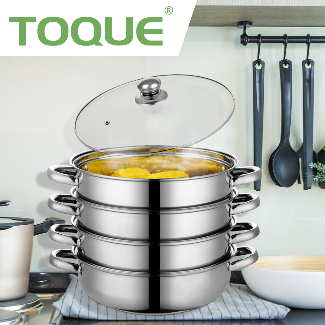 TOQUE 3 or 4 Layer Stainless Steel Steaming Pot – Heavy Duty Kitchen Steamer for Meat, Vegetables & Seafood, Compatible with Gas, Electric & Induction Cooktops