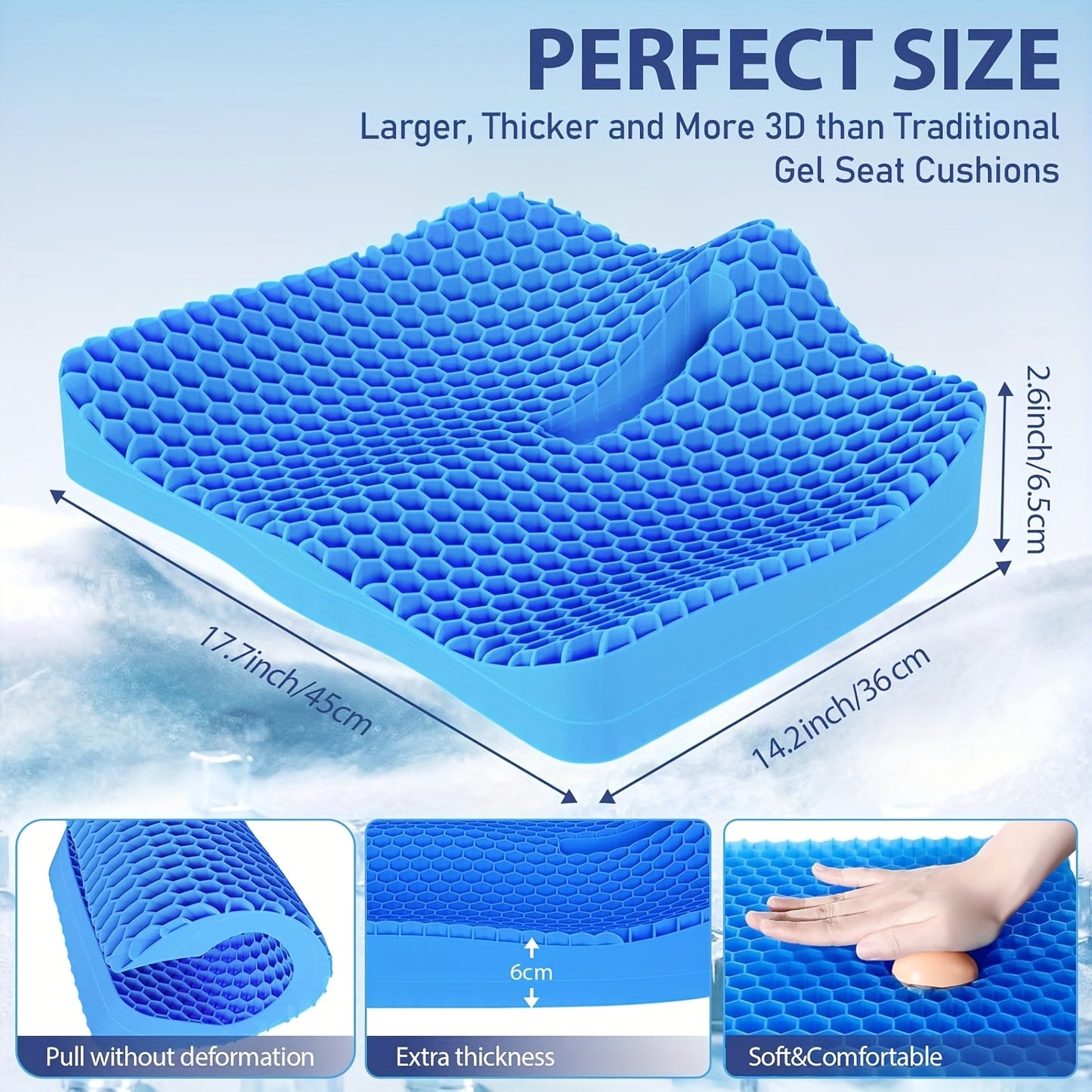 BENAZCAP Soft Gel Seat Cushion - Double Thick Ergonomic Honeycomb Design for Pressure Relief & Coccyx (Chewing gum) Stress, Machine Washable Black Cushion for Office, Car, Chair, Long Sitting Comfort, Cushions for Sitting, Office Comfort, Double Thick Cus