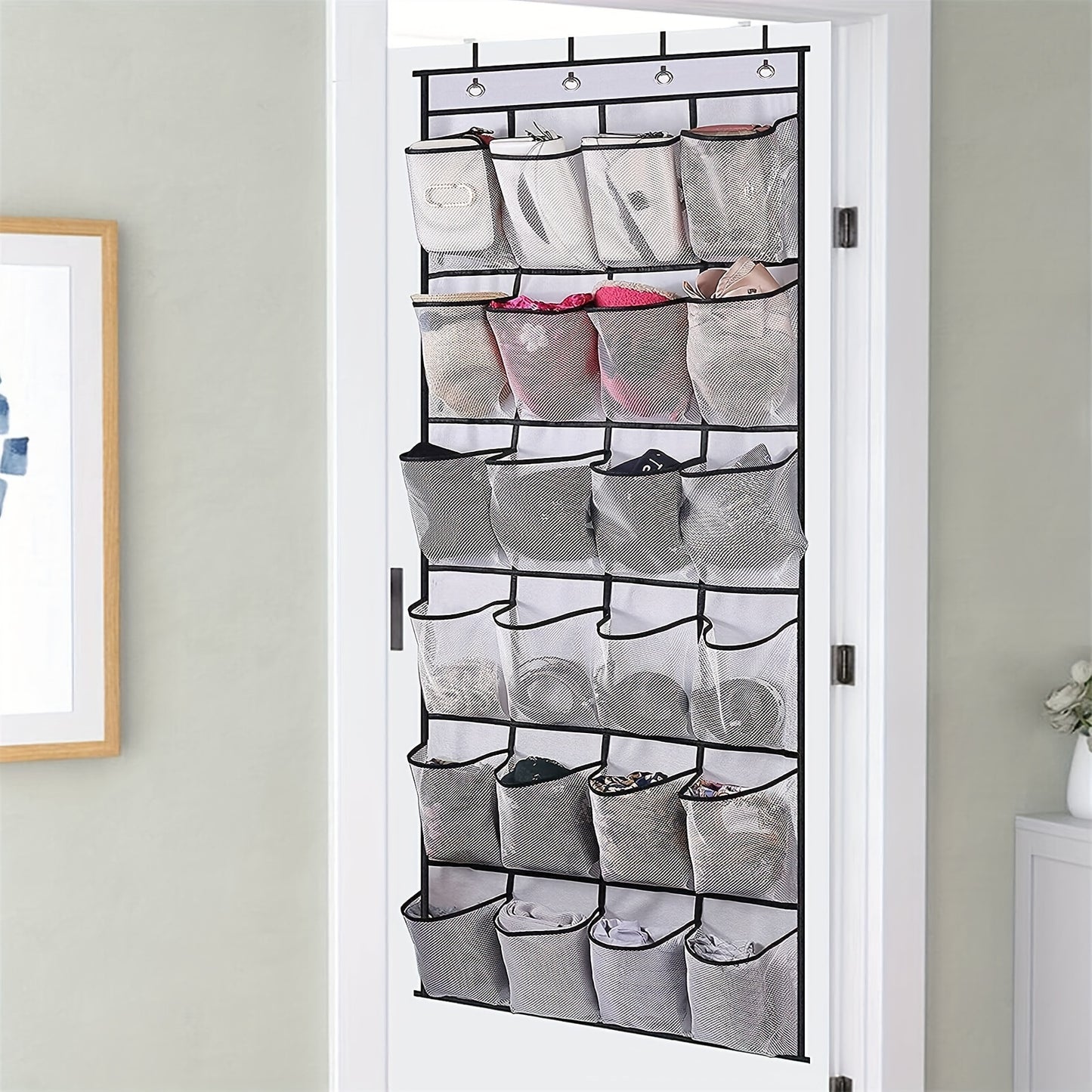 1pc Foldable 28-Pocket Over The Door Shoe Organizer, Plastic Mesh Shoe Holder Hanger for Closet Door Storage, Versatile Hanging Shoe Rack for Clothes, Toys, Snacks, Makeup, Toiletries