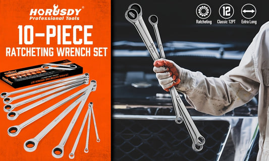 HORUSDY 9pcs Extra Long Ratchet Wrench Set, Aviation Wrenches Chrome Vanadium Steel, Metric 8-22Mm with Pouch