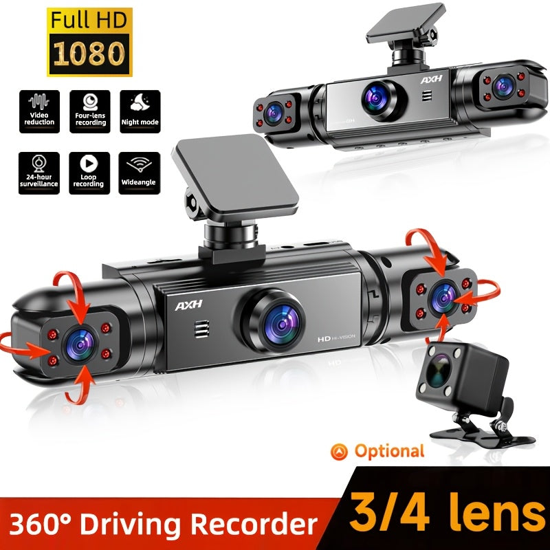 AXH 360° Panoramic 3/4 Lens Channel 1080P HD Ultimate Dash Cam Kit, 1080P Front And 720P Front-Rear-Left-Right Full Coverage, Quad-View Display, HD Night Vision, WDR, G-Sensor