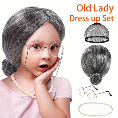 5pcs Grandma Cosplay Set Funny Old Lady Dress Up Set with Wig Caps Pearl Necklace Eye Glasses Crozier Chain Realistic Granny Costume Wig Old Lady Costume Set for Kids Halloween Masquerade Suitable for Teens, Suitable for Men And Women