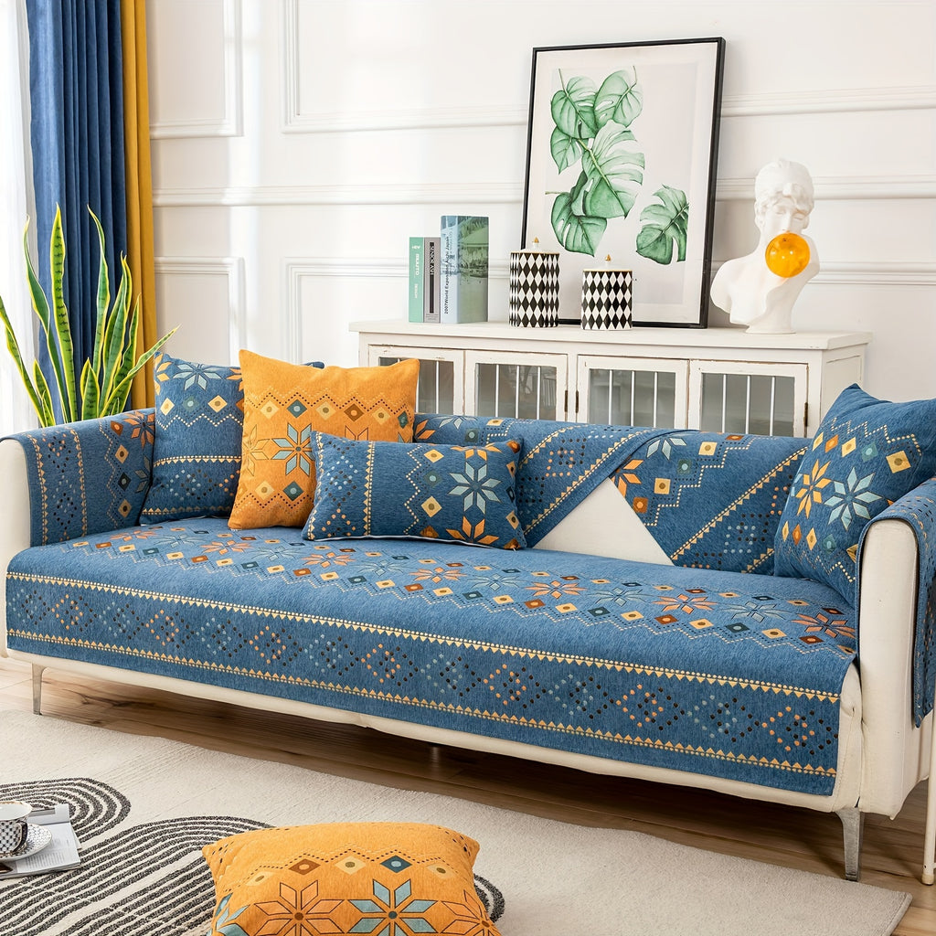 1pc Bohemian Chenille Sofa Cover with Geometric Embroidery - Pet-Friendly Thick Plush Slipcover, Non-Slip One-Piece Design for Sectional Couches, Machine Washable Furniture Protector for Living Room, Bedroom, Office Decor, Durable Slipresistant Fabric
