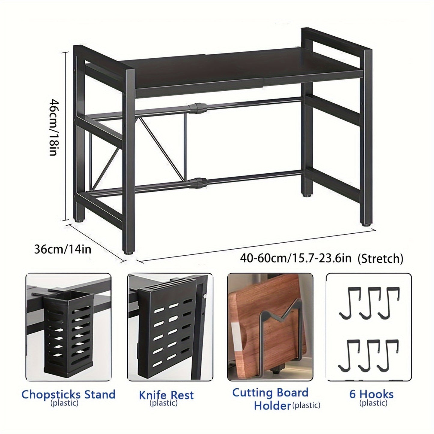 Heavy-Duty Retractable Microwave Stand Expandable Microwave Bracket with Storage Shelf, 6 Hooks, Chopstick//Cutting Board Holder - Adjustable Space-Saving Freestanding Shelf Suitable for Kitchen Countertops, Microwave Rack