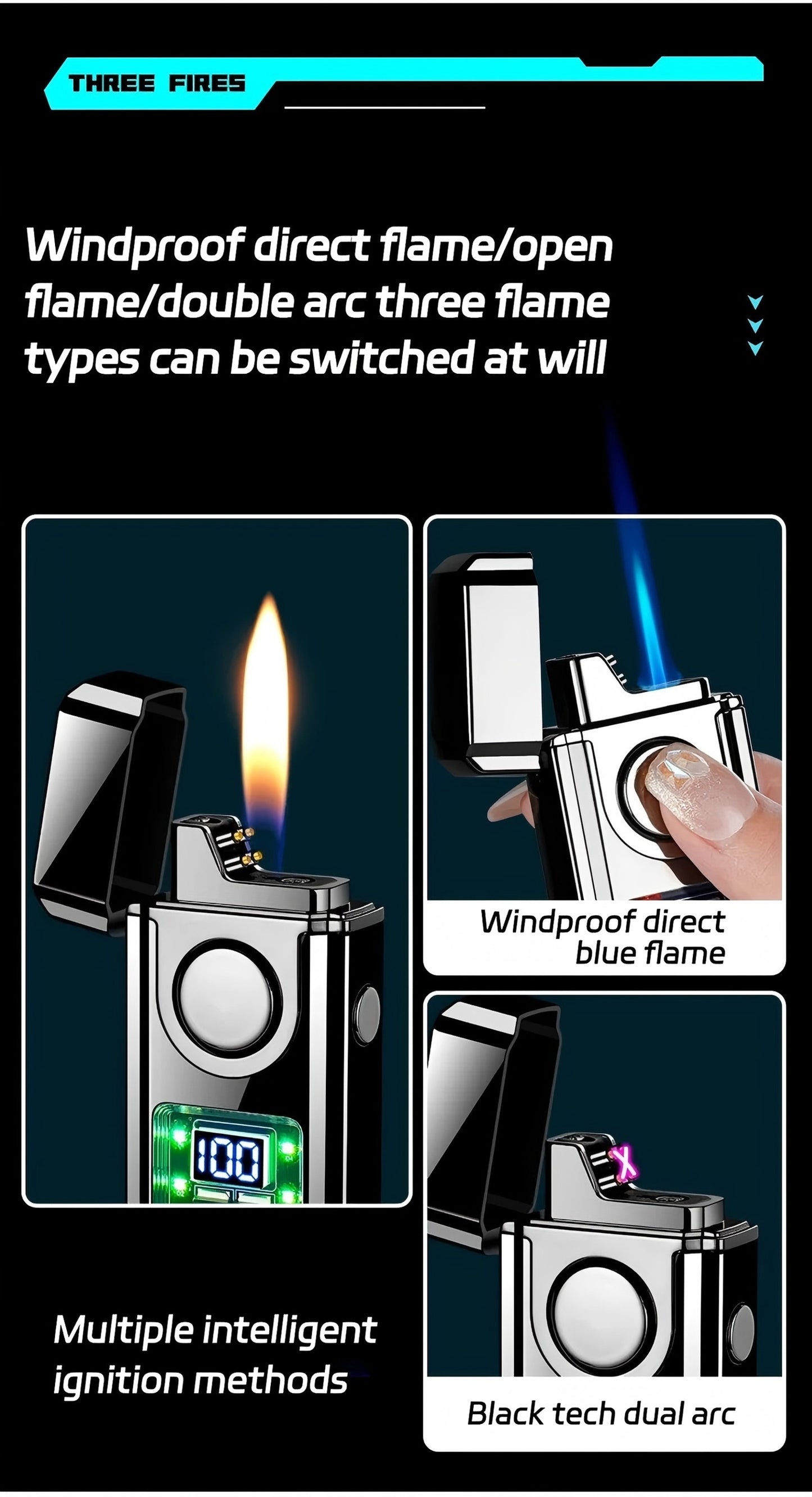 Three-flame Windproof Dual-Jet Flame Lighter, Inflatable Lighter With Electric Charge Display, Voice Controlled, And Capable Of Shaking Ignition, Direct Fire, Double Arc, Suitable For Outdoor Camping And Daily Use, The Ideal Gift Choice For Men