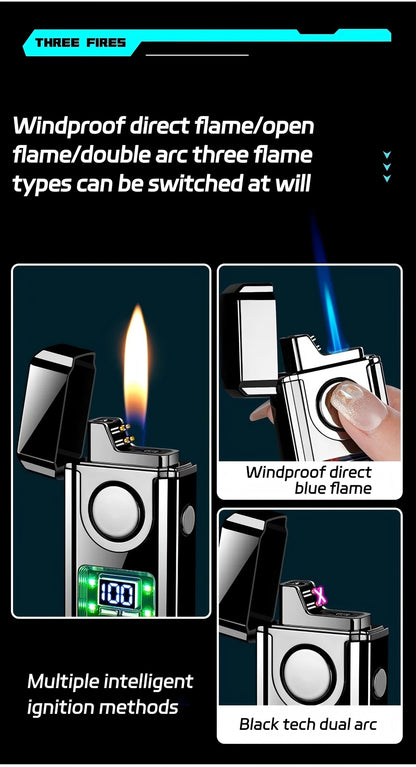 Three-flame Windproof Dual-Jet Flame Lighter, Inflatable Lighter With Electric Charge Display, Voice Controlled, And Capable Of Shaking Ignition, Direct Fire, Double Arc, Suitable For Outdoor Camping And Daily Use, The Ideal Gift Choice For Men