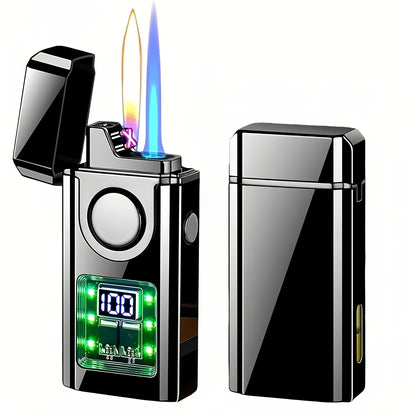 Three-flame Windproof Dual-Jet Flame Lighter, Inflatable Lighter With Electric Charge Display, Voice Controlled, And Capable Of Shaking Ignition, Direct Fire, Double Arc, Suitable For Outdoor Camping And Daily Use, The Ideal Gift Choice For Men