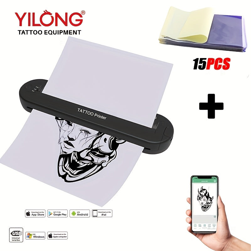YILONG Wireless Tattoo Printer, Tattoo Stencil Printer, With 2000mAh Large Capacity Battery, Portable Tattoo Printer Thermal Copier Compatible With Smartphone And PC (Includes 15pcs Transfer Paper)