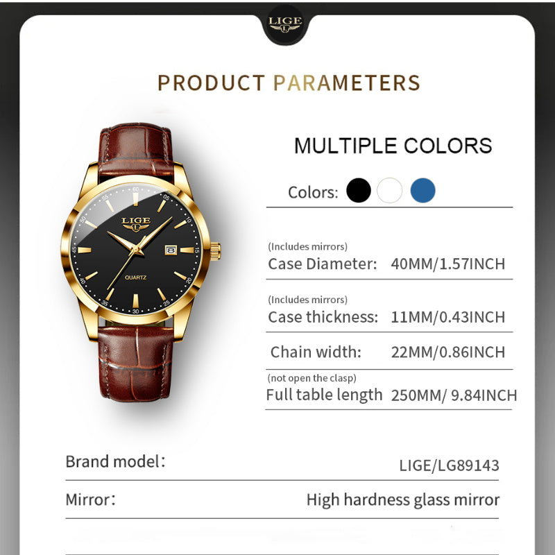 LIGE Fashion New Quartz Watch with Glow Businessmen Watch Single Calendar Three Needle Simple Pu Leather Band Watch Men's Business Watch