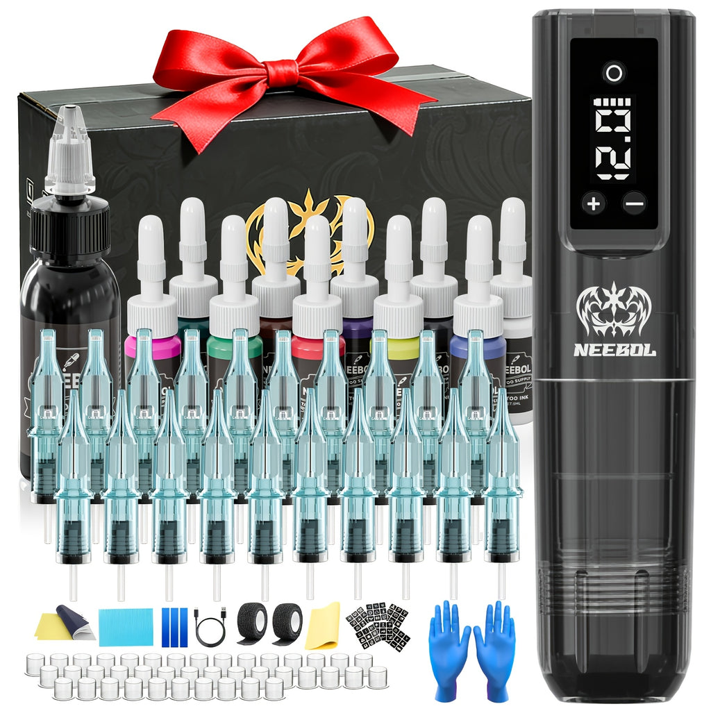 Neebol Tattoo Machine Kit Complete Easter Gift, Cordless Tattoo Pen, 2000mAHLong Battery Life, Wireless Rotary Tattoo Gun with Screen Display, 20/10 Cartridge Needles, Inks, Tattoo Supplies for Beginners And Artists, Body Art Makeup Gift