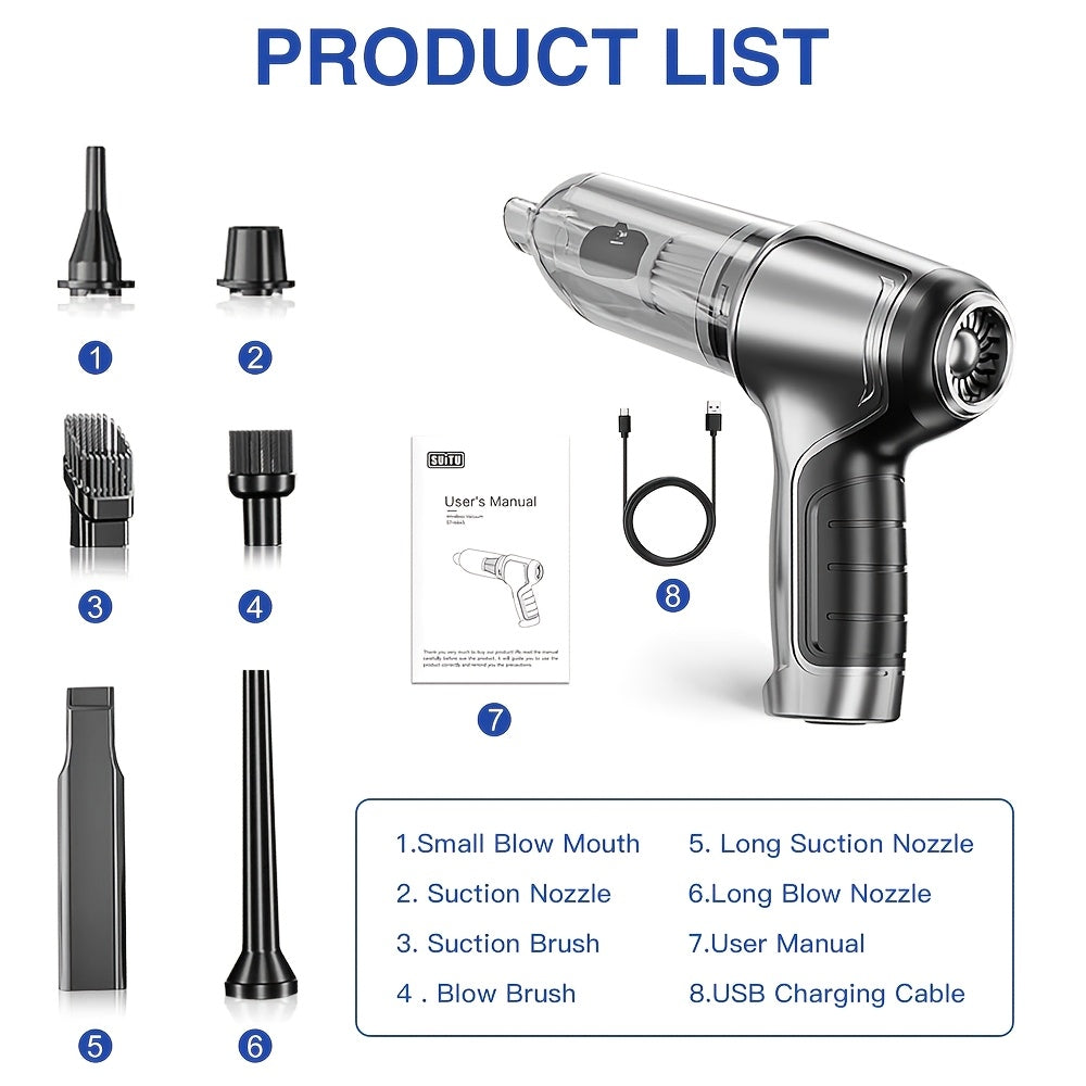 45000PA High Suction Wireless Portable Vacuum Cleaner for Car/Home - Dual Function Blower/Suction, Rechargeable Lithium, USB Charging, Quiet, Dusting Brush & Crevice Tool, Cartridge Filter, Gap Floor Suction Nozzle for Wet/Dry Cleaning
