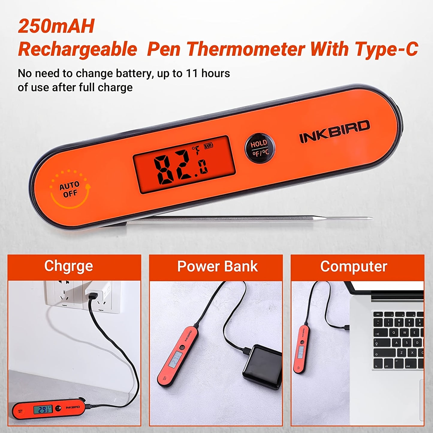 Instant-Read Meat Thermometer for Outdoor Cooking And Barbecuing, Featuring Quick Readings in 3-5 Seconds, Rechargeable Backlight, Foldable Probe, Suitable for Liquids Like Tea, Hot Chocolate, Milk, And Bath Water