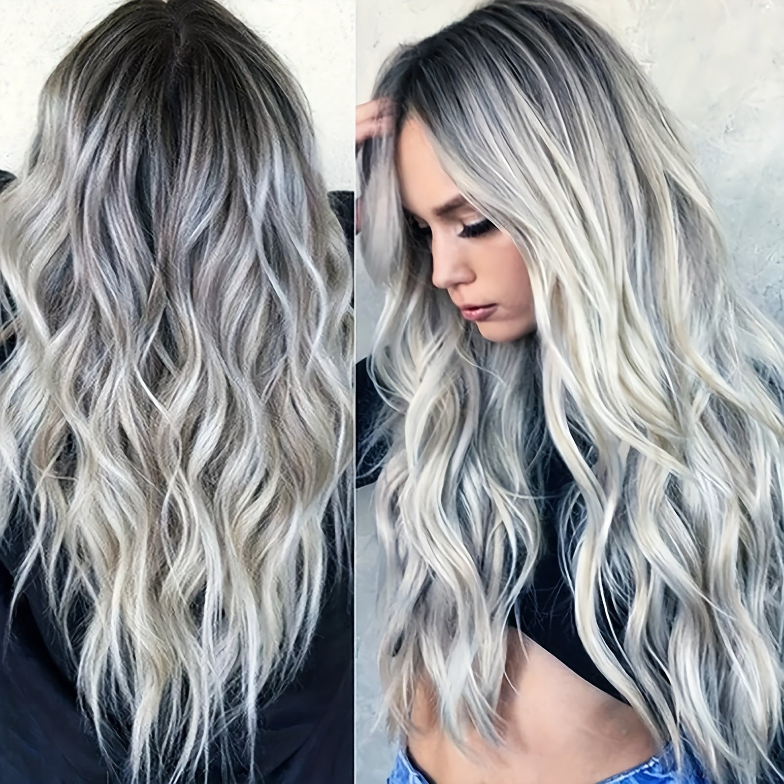 1pc of Long Wavy Synthetic Wig That Is Heat Resistant (Ombre Silvery)