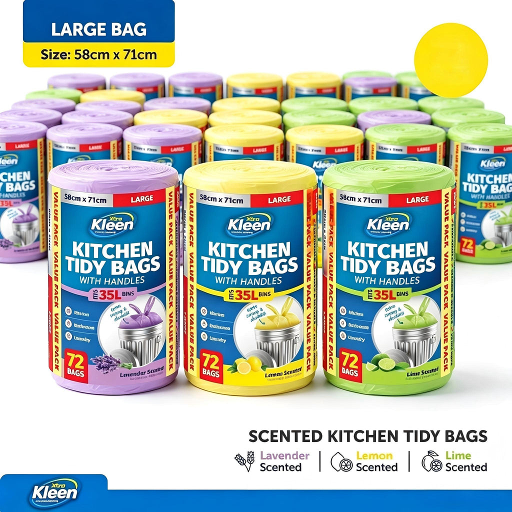 one Rolls 72 pcs Scented Large Bin Liner Kitchen Tidy Garbage Bag with Handle 35L 58cm x 71cm Scented: Lavender or Lemon or Lime