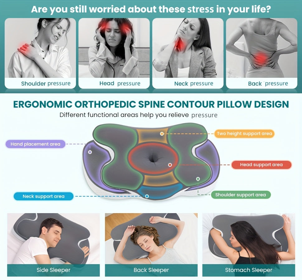 Cervical Neck And Shoulder Pillow, Odorless with Cooling Silk Cover, Ergonomic Design, Orthopedic Neck Support for All Sleeping Positions And Users, Gray