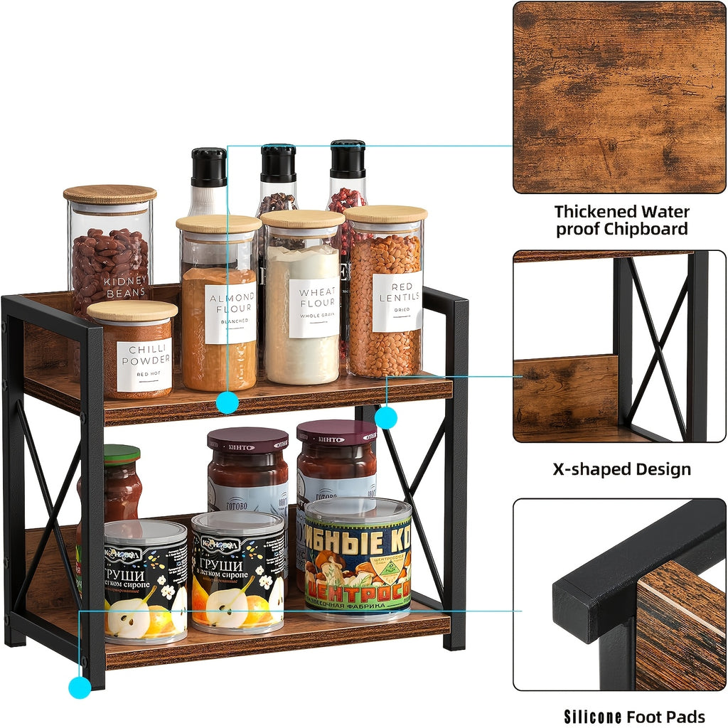 Rustic Brown 2-Tier Countertop Organizer - Wood And Metal Spice Rack for Kitchen, Coffee Station Storage Shelf with Open Design