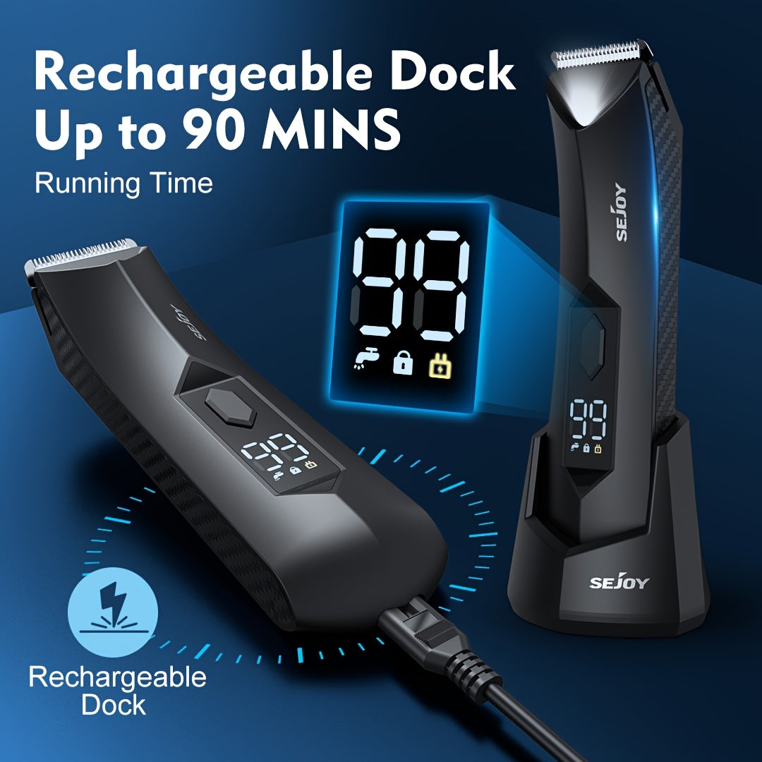 Body Hair Trimmer Men - Electric Groin Hair Trimmer with Upgraded Wide Ceramic Blade, Body Trimmer for Men with LED Light, Recharge Dock, 90 Mins Cordless Use, Electric Shaver for Men Hair Care