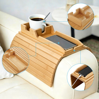 Foldable Pull Out Sofa Armrest Tray Table with Clip-On Bracket - Suitable for Couch Side Table, Cup Holder, Remote Control & Phone Organizer, Space-Saving for Small Apartments, Dorms, RVs
