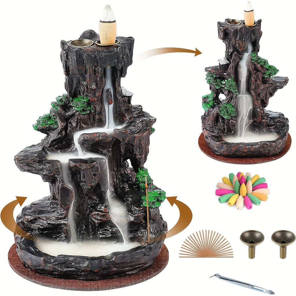 Incense Burner, Backflow Incense Holder 2 Sides Waterfall Incense Burnier with 120 Backflow Incense Cones, 30 Incense Sticks, Aromatcherapy Ornamen for Home